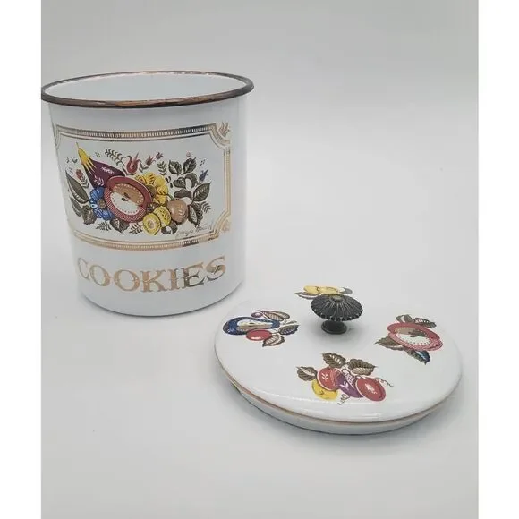 Midcentury 1960's Signed Georges Briard Fruit and Flower Enamelware Canister Coo